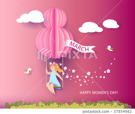 Card for 8 March womens day. Woman on teeterboard 37854982