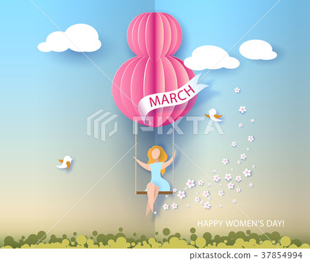 Card for 8 March womens day. Woman on teeterboard Card for 8 March womens day. Woman on teeterboard 37854994