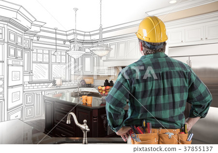 Male Contractor with Hard Hat and Tool Belt Looking At Custom Ki Male Contractor with Hard Hat and Tool Belt Looking At Custom Ki 37855137