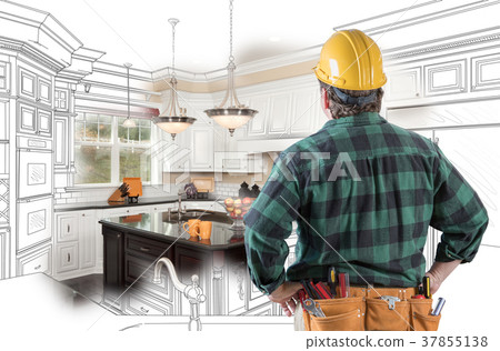 Male Contractor with Hard Hat and Tool Belt Looking At Custom Ki Male Contractor with Hard Hat and Tool Belt Looking At Custom Ki 37855138