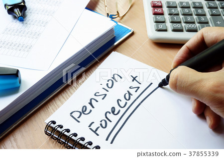 Handwriting sign pension forecast in a note. Handwriting sign pension forecast in a note. 37855339