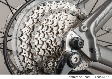 Close up 9-speed cassette on rear wheel of bike Close up 9-speed cassette on rear wheel of bike 37856166