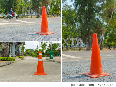 traffic cone, with white and orange stripes  37859958