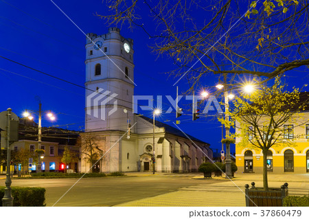 Debrecen streets with Small Reformed Church at night 37860479