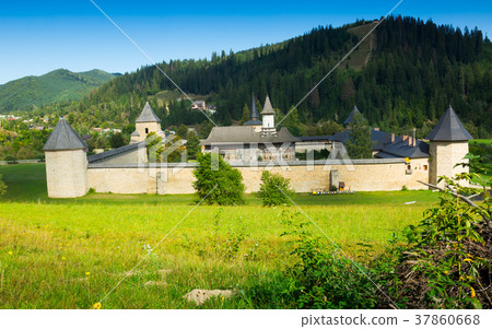 Aerial view of Sucevita monastery, Romania 37860668