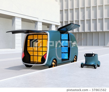機器人送貨車和交付無人機的圖像在路旁停放了。最後一英里的概念 37861582