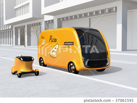 Pizza delivery unmanned robot car and concept image of delivery drone Pizza delivery unmanned robot car and concept image of delivery drone 37861591