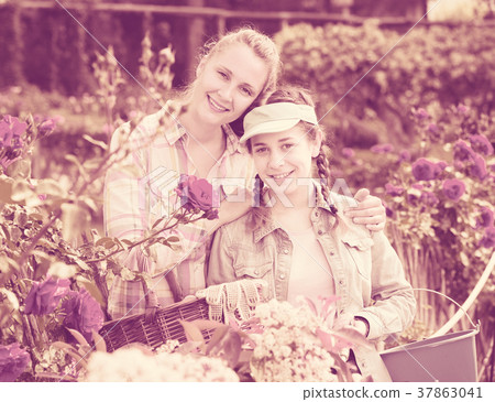 woman and teen holding a basket and standing in the park of roses. 37863041