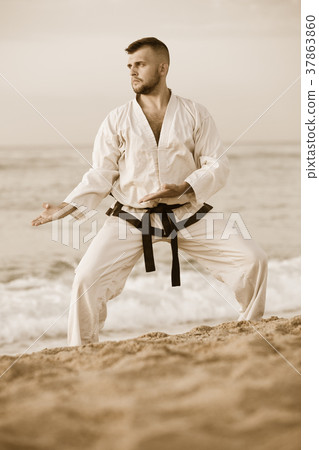 Handsome male practising karate kata poses 37863860