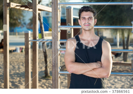 Man taking break during workout outdoor Man taking break during workout outdoor 37866561