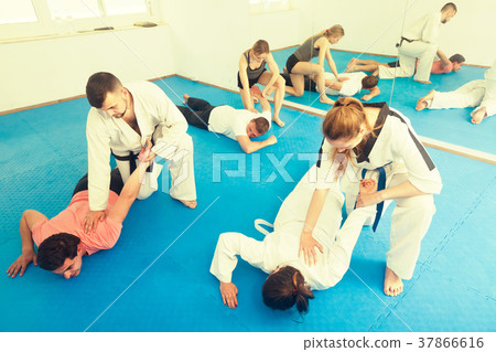 trainees sparring in pairs to practice new holds in taekwondo cl trainees sparring in pairs to practice new holds in taekwondo cl 37866616