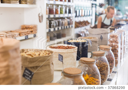 Illustration of showcase with dried fruits and nuts in bag 37868200