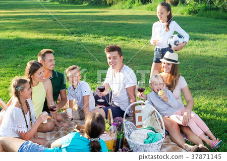 Portrait of parents with children on picnic in nature at summer 37871145