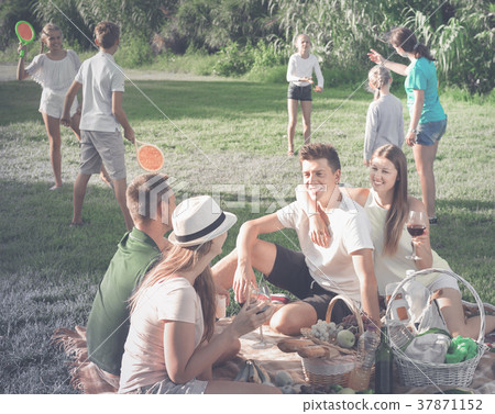 Women and men on picnic in summer park with happy children playing behind Women and men on picnic in summer park with happy children playing behind 37871152
