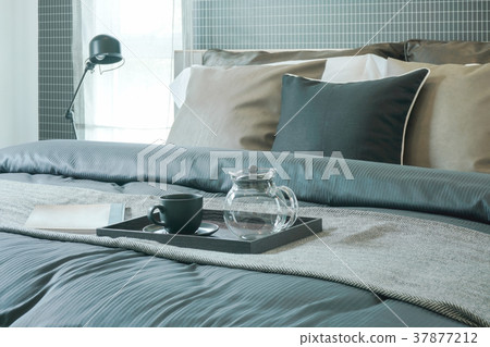 Modern style interior bedroom with tray of tea set Modern style interior bedroom with tray of tea set 37877212