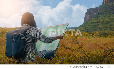 Hipster Asian woman backpacker 37879040