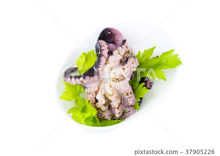 Mini canapes with seafood and vegetables and herbs 37905226