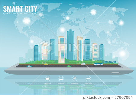 Smart city on a digital touch screen tablet with - Stock Illustration ...