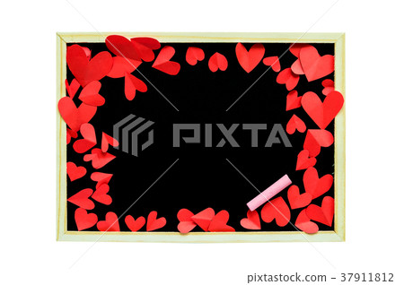 red paper shaped heart around blackboard  37911812