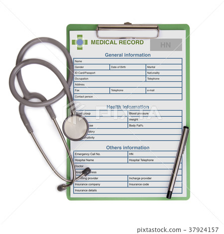 Top view of medical record document on clipboard. 37924157