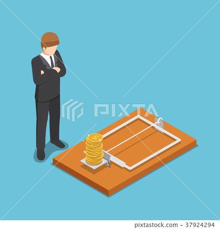 Businessman looking at dollar coin on mousetrap. Businessman looking at dollar coin on mousetrap. 37924294