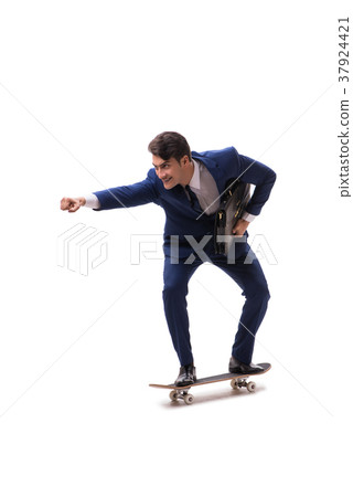 Businessman riding skateboard isolated on white Businessman riding skateboard isolated on white 37924421