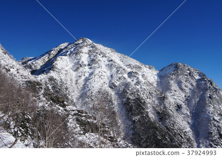 During the winter, Southern Alps Kaikomagatake. Snow is blown away by a strong wind and shows a rough rocky surface. 37924993