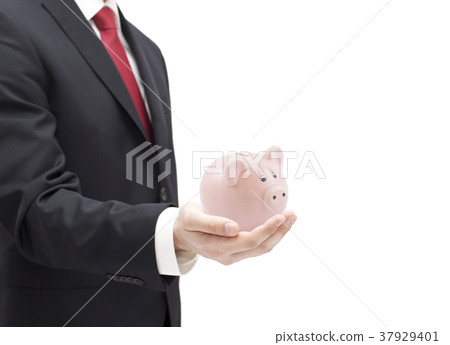 Man with piggy bank in hand isolated on white  37929401