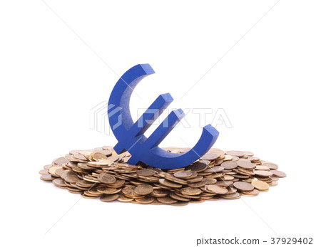 Blue euro symbol with pile of coins  37929402