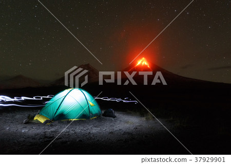 Camping at night on background eruption volcano Camping at night on background eruption volcano 37929901