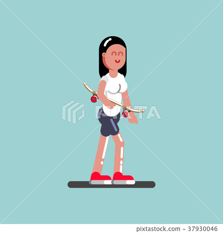 Girl skater walking with board in hand Girl skater walking with board in hand 37930046