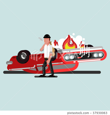 Guy with gun and car in fire behind Guy with gun and car in fire behind 37930063