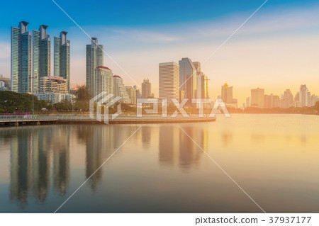 Water lake in public park with office building Water lake in public park with office building 37937177