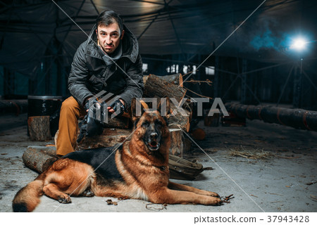 Stalker and dog, friends in post apocalyptic world Stalker and dog, friends in post apocalyptic world 37943428