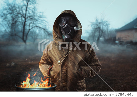 Stalker soldier in gas mask against fire, doomsday Stalker soldier in gas mask against fire, doomsday 37943443