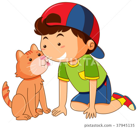 Cat licking boy face on white background Cat licking boy face on white background 37945135