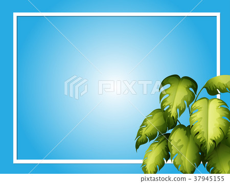 Blue background template with green leaves 37945155