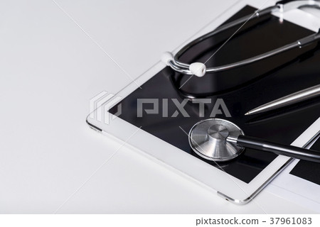 Health check concept. Medical tablet, stethoscope Health check concept. Medical tablet, stethoscope 37961083