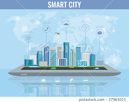 Smart city on a digital touch screen tablet with Smart city on a digital touch screen tablet with 37963015