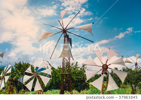 Old-style windmills on Lasithi Plateau. Crete Old-style windmills on Lasithi Plateau. Crete 37963845