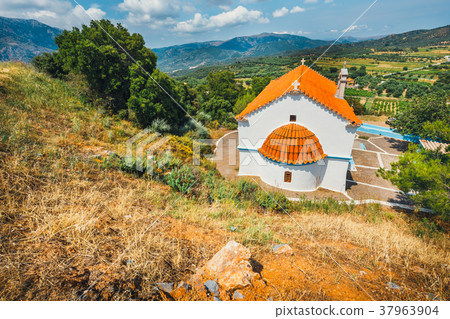 White chapel and mountains, Crete Island, Greece White chapel and mountains, Crete Island, Greece 37963904