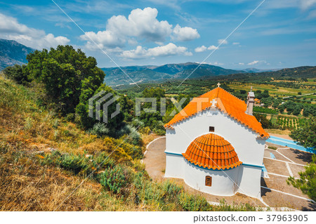 White chapel and mountains, Crete Island, Greece White chapel and mountains, Crete Island, Greece 37963905