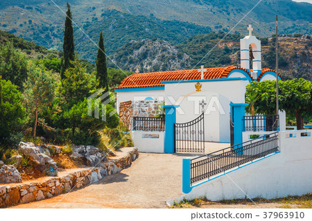 White chapel and mountains, Crete Island, Greece White chapel and mountains, Crete Island, Greece 37963910