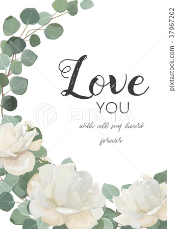 Vector floral card. White Rose flower, Eucalyptus Vector floral card. White Rose flower, Eucalyptus 37967202