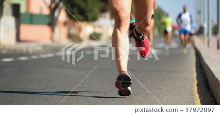 Marathon runners running on city road Marathon runners running on city road 37972097