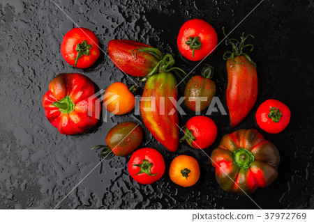 Fresh tomatoes and peppers on a black background Fresh tomatoes and peppers on a black background 37972769