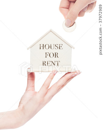 Female hand holding wooden house model with coin 37972989