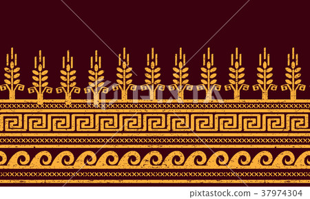 Ethnic seamless pattern. Wheat, meander, and water Ethnic seamless pattern. Wheat, meander, and water 37974304