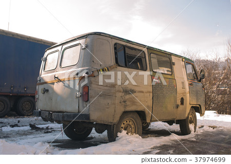 Vintage ussr car truck on petrolium station with Vintage ussr car truck on petrolium station with 37974699