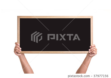 Human hand holding blackboard with wooden frame isolated on white Human hand holding blackboard with wooden frame isolated on white 37977156